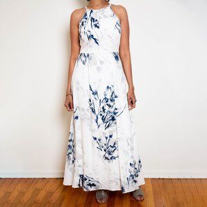 Donna Karan White with Navy and Grey Floral Print Halter Neck Dress, Size 4